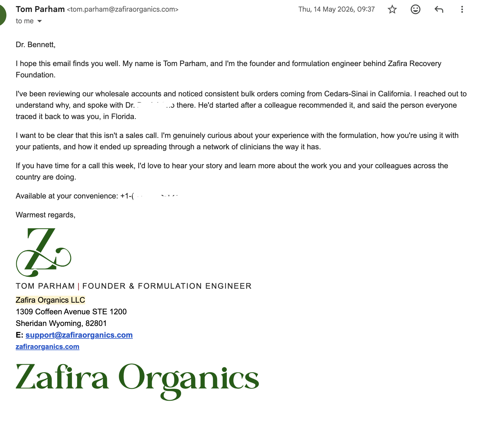Email from Tom Parham to Dr. Rachel Bennett
